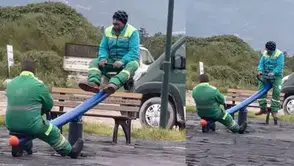 BURSALI TEMİZLİK GÖREVLİLERİNİN MOLADA “TAHTEREVALLİ” KEYFİ…