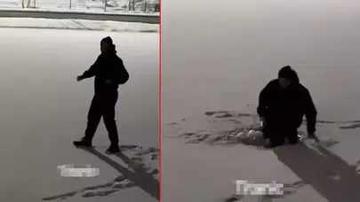 MUŞ'TA BUZ TUTAN  GÖLETİN ÜZERİNE DANS EDERKEN SUYA DÜŞTÜ!