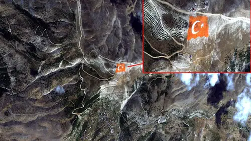 AHIR DAĞI'NA İŞLENEN DEV TÜRK BAYRAĞI UZAYDAN GÖRÜNTÜLENDİ!