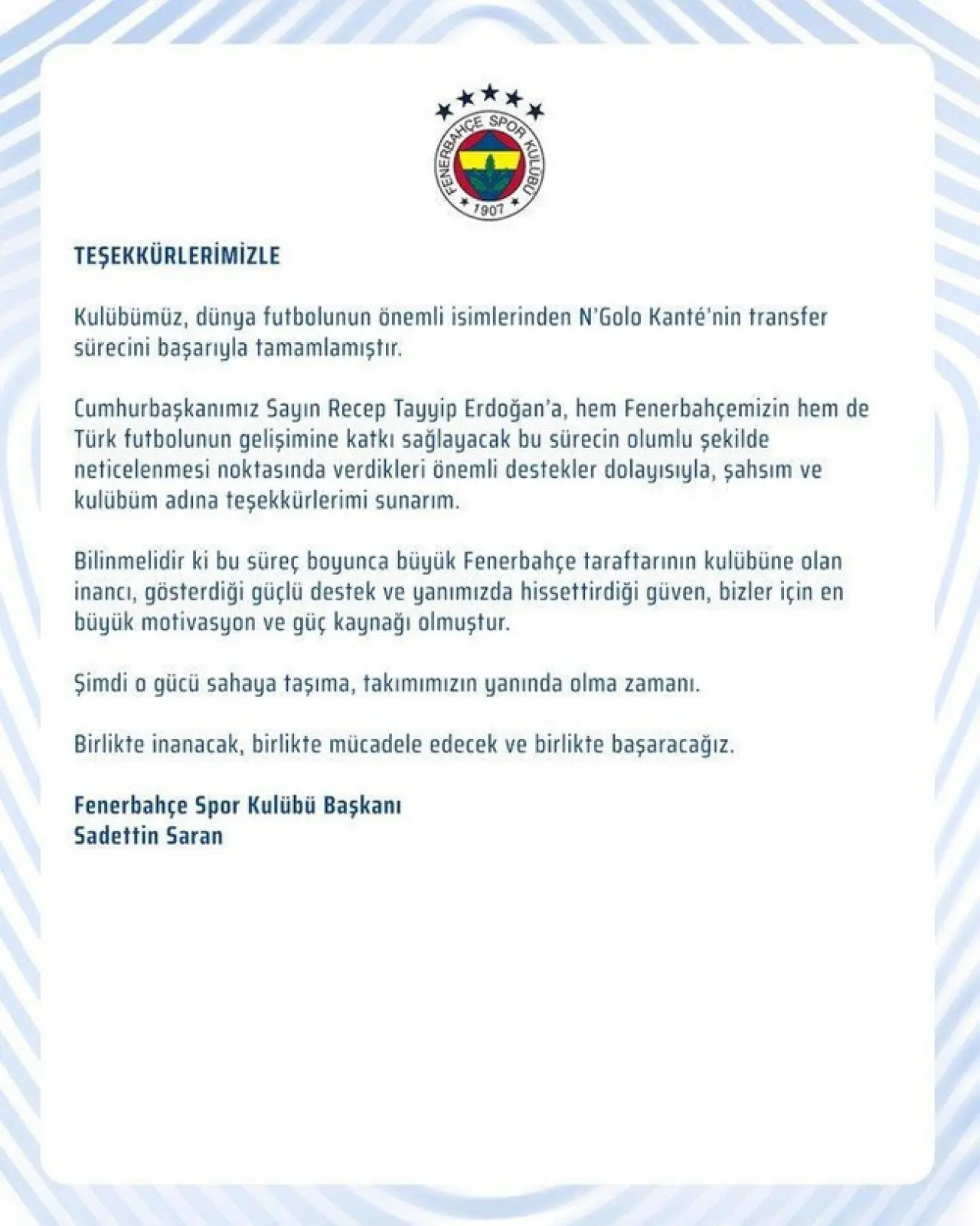 Sadettin Saran'dan Erdoğan'a "Kante" teşekkürü! Fenerbahçe'den resmi açıklama - Resim : 1