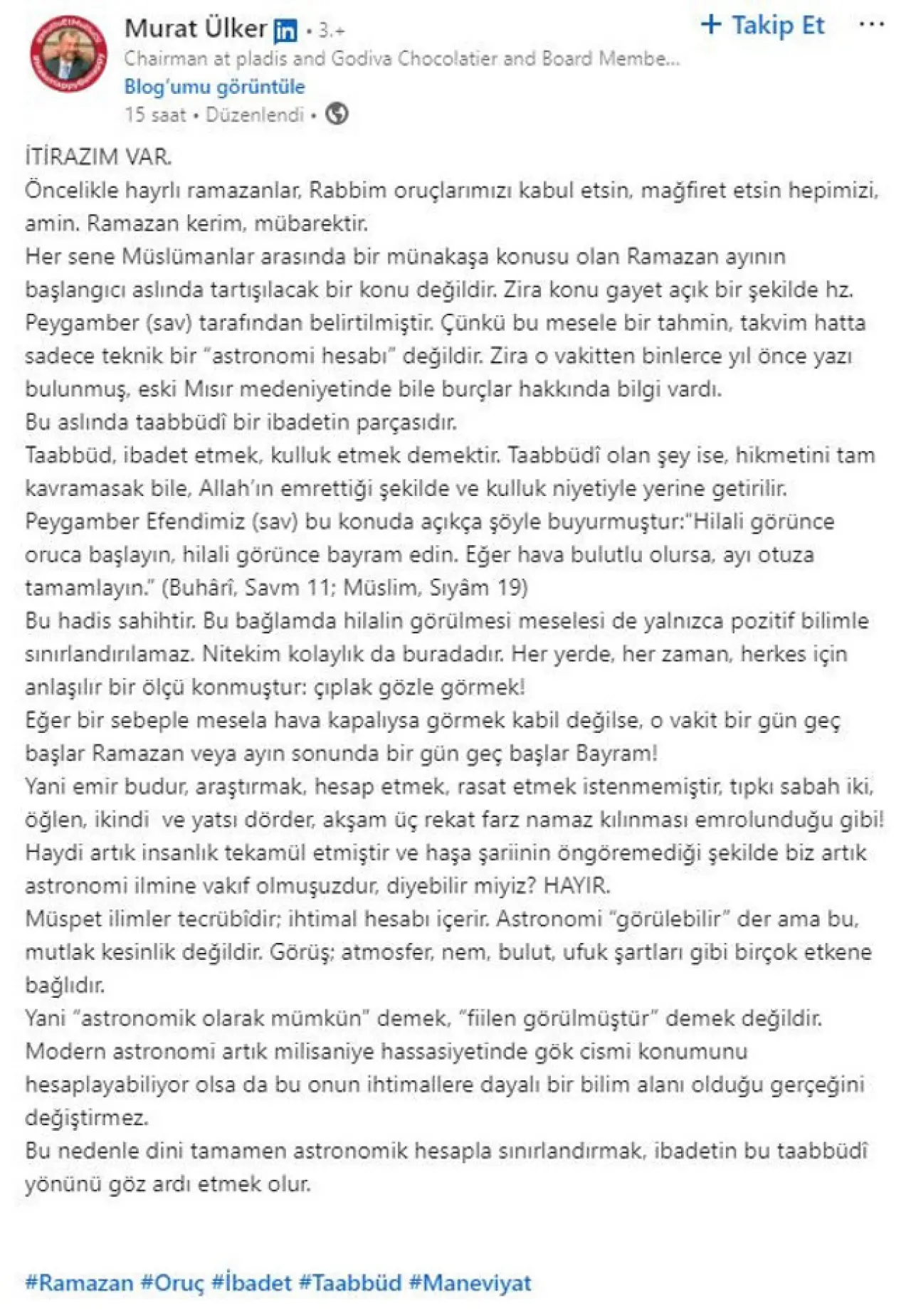 Murat Ülker 'itirazım var' diyerek paylaştı: "Ramazan takvimle değil, hilalle başlar" - Resim : 1